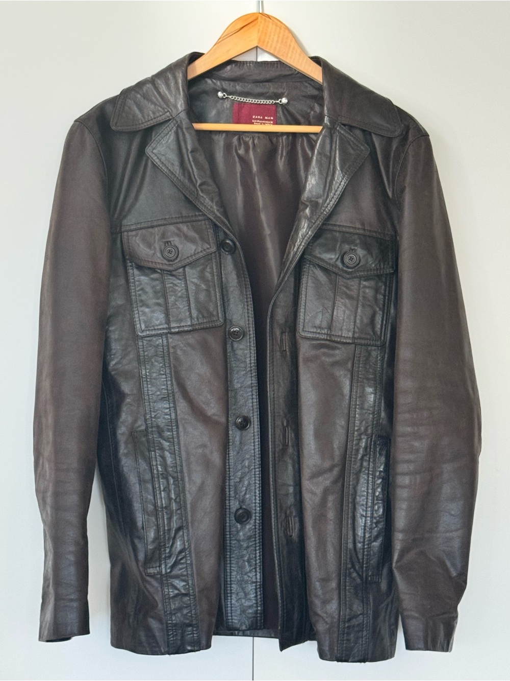 Zara Man Brown Genuine Leather Jacket with Detachable Hood - Size Medium